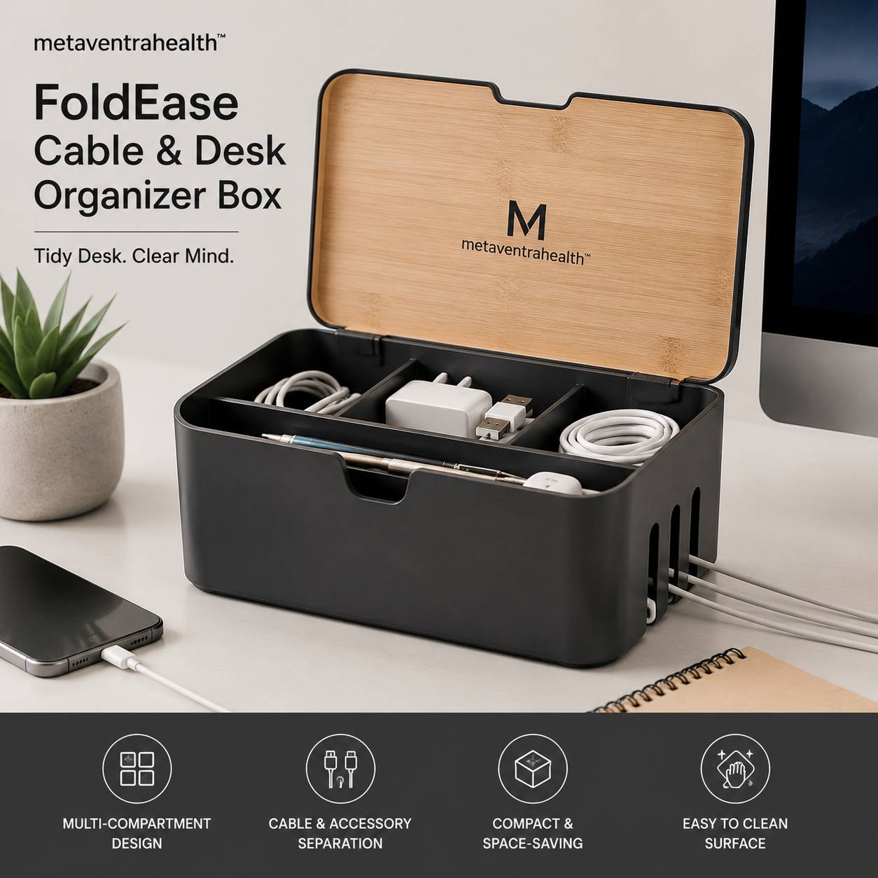 metaventrahealth™ FoldEase Cable & Desk Organizer Box