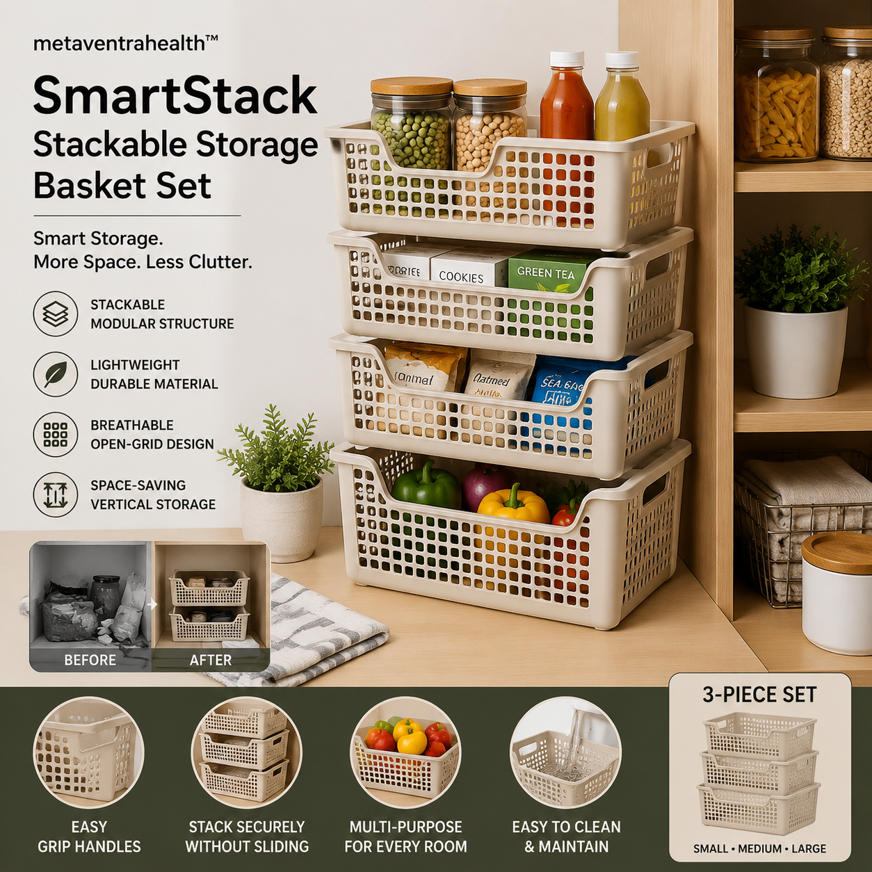 metaventrahealth™ SmartStack Stackable Storage Basket Set